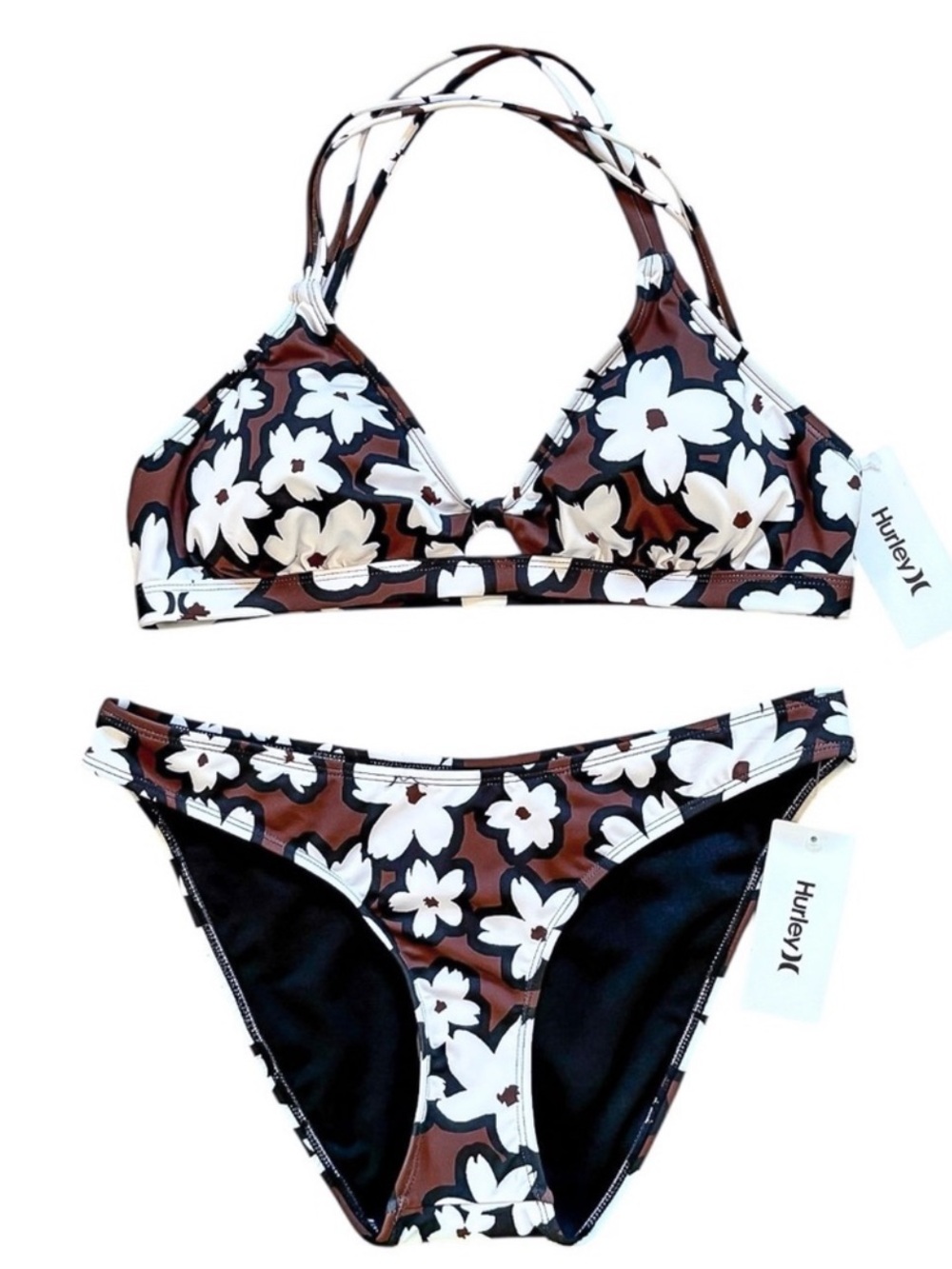 Hurley Brown & White has Bold Daisy Print Bikini Set